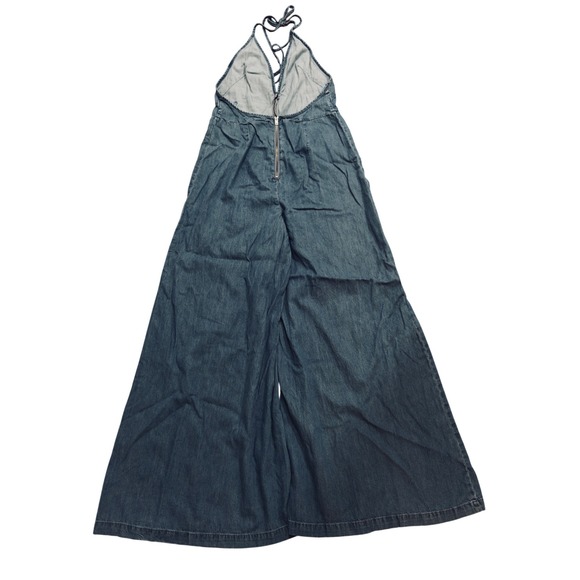 Free People Denim Halter Jumpsuit Blue Wide Leg Open Back Boho Womens Large - Picture 7 of 7
